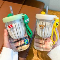 Bouteille d'eau portable en verre coréen de 500 ml avec paille, motif dessin animé, écologique, personnalisable, pour enfants, idéale pour la rentrée scolaire