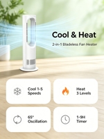 Ventilatore a Torre Senza Pale AZ588PRO 2-in-1 Freddo e Caldo, Motore DC, Oscillazione 75°, Funzionamento Silenzioso, Telecomando LCD, Elettrico a Basso Consumo Energetico