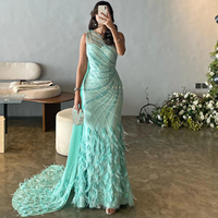 Robe de Soirée Sirène de Luxe Turquoise Aigue-Marine à Une Épaule avec Traîne Cape Longue, Idéale pour Bal ou Mariage SZ498
