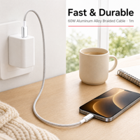 Câble USB PD 60W, design brillant, en alliage d'aluminium tressé, compatible avec ordinateur portable, moniteur, téléphone portable