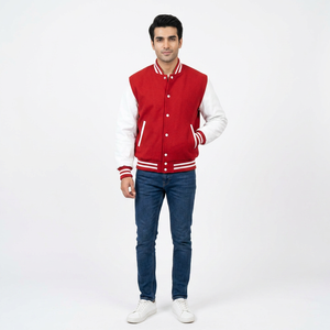 FINER THREADS Custom Wool/Polyester Varsity Jacket for Men Embroidered Patch <b>Covered</b> <b>Button</b> Closure Stand Collar Breathable - Product Image 1