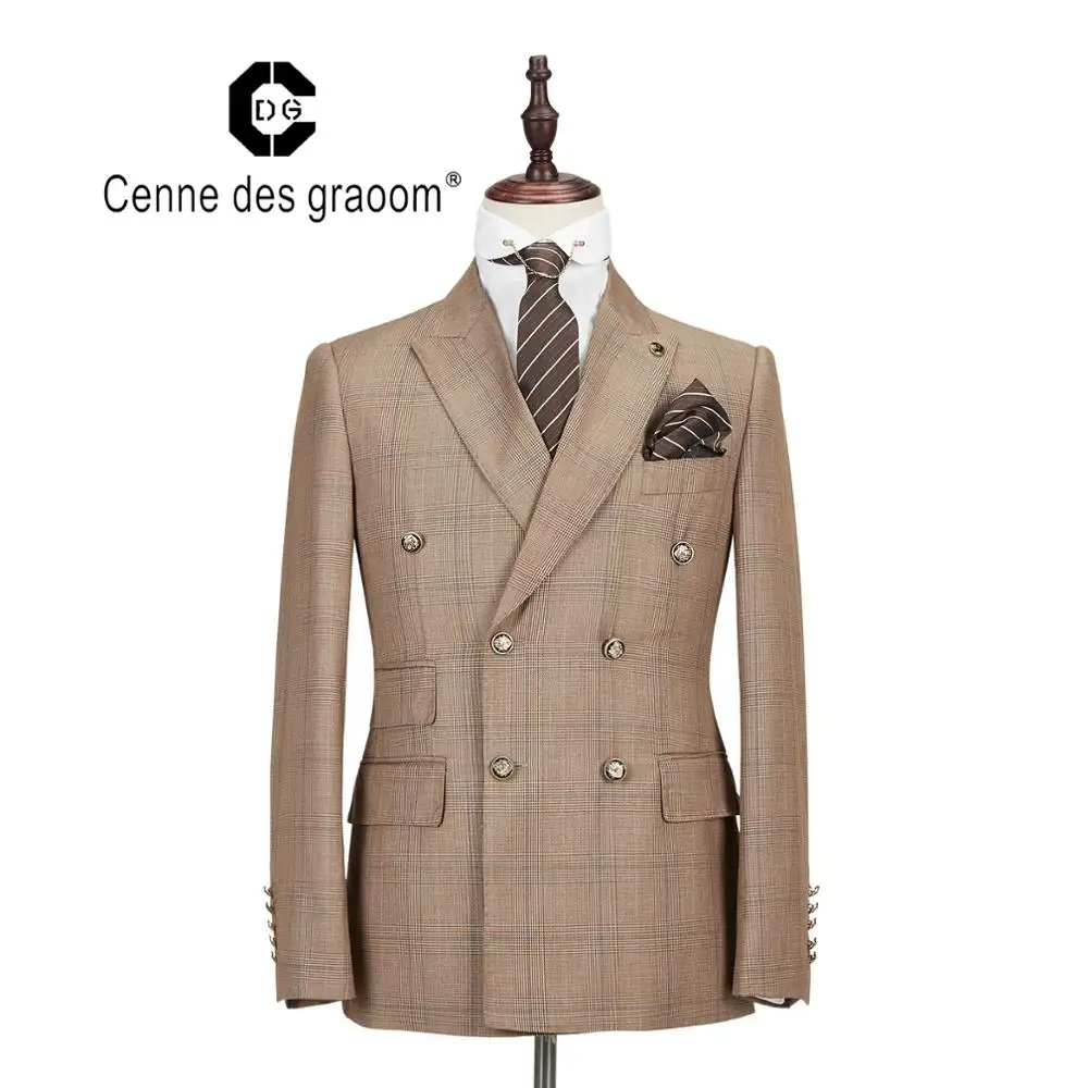 Mens Suit 2 Piece Slim FitブラウンWeddingオフィスのためにダブルブレストCenne des graoom Lapel Blazer Trousers