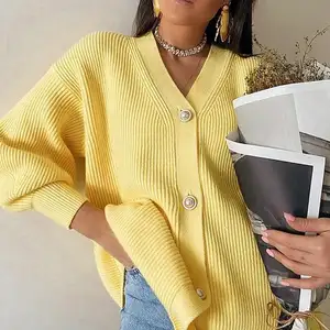 Áo Cardigan Kimono Dệt Kim Cổ Chữ V Cho Nữ, Áo Len Áo Khoác Ngoài Đường Phố Có Khuy Tay Áo Lồng Đèn Mùa Thu Đông Thường Ngày