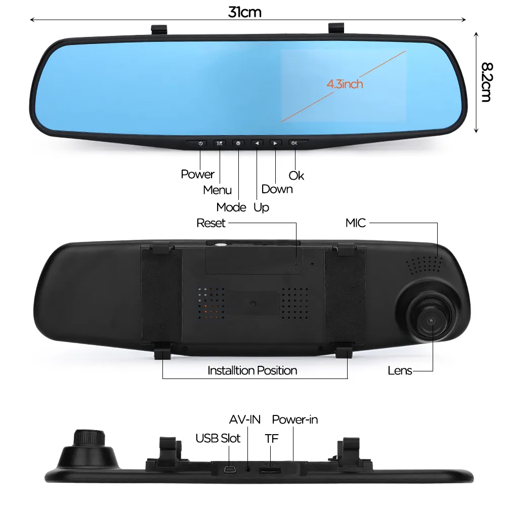 4.3 Inch Car DVR Mirror Video Recorder 1080P Dash cam For Car Dual Lens Streaming Driving Recorder Dash Camera