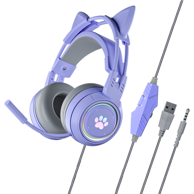 Soyto G25 LED Light Cute Cat Ear Wired Gaming Computer Headset Headphones with Mic for PS4 PS5 Xbox Gamer Audifonos for Girls