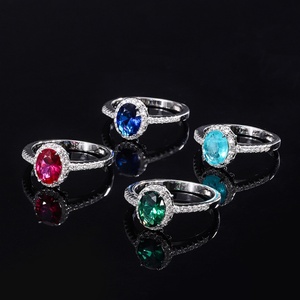 Wholesale Fashion Jewelry Eco-friendly Copper Minimalist Oval Cut 6*8MM Cubic Zirconia Blue Stone Halo <b>Ring</b> for Women Best Gift - Product Image 3
