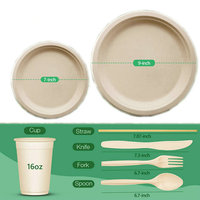Ensemble de vaisselle jetable en bagasse de canne à sucre, assiettes rondes, couverts et gobelets de 16 oz pour les invités