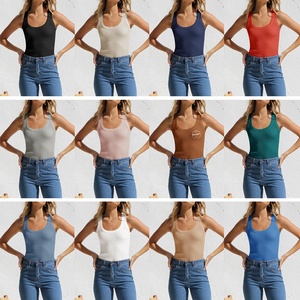 Camiseta sin mangas de LICRA de alta elasticidad con cuello en U en blanco personalizada para mujer, camiseta sin mangas de Color sólido ajustada acanalada - Product Image 5
