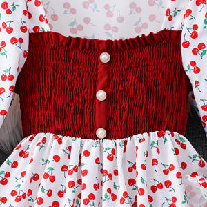 Abito Primaverile 2026 per Ragazze, Maniche Lunghe con Stampa Ciliegie, Bianco e Bordeaux con Inserti - Product Image 4