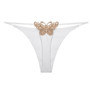 Tanga de mujer con tirantes finos blancos, decoración de mariposa con bordado dorado, talle bajo, suave y elástico, lencería sexy para damas. - Product Image 1