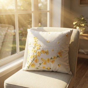 Fundas de Sofá Cuadradas de Lino Blanco con Bordado de Flores Amarillas, Bonitas Fundas de Almohada Bordadas, Cojín de Asiento Bordado - Product Image 1