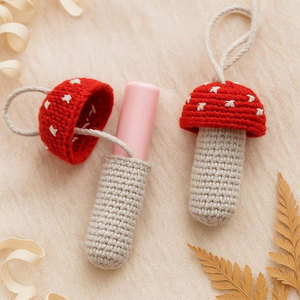 Crochet Mushroom Lip Balm Holder Red White Dots Beige Stem Reusable Keychain Cute Style Woven Pattern Lipstick <b>Bag</b> <b>Charm</b> - Product Image 1