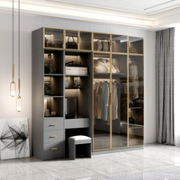 Meubles de chambre à coucher, Design moderne personnalisé, rangement de vêtements, Dressing, matériau en contreplaqué, armoires à 6 portes coulissantes avec lampes LED