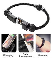Kabel Data USB Portabel untuk Perjalanan, Kabel Pengisi Daya Gelang Kulit Kepang, Kabel Pengisi Daya Data di Pergelangan Tangan
