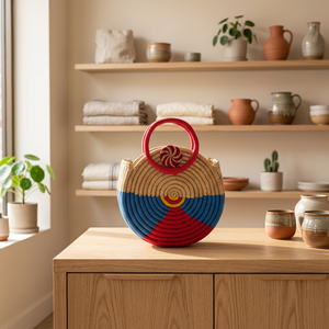 Panier rond en herbe tressé à la main avec garniture festive et poignée, rangement élégant et écologique d'Orissa - Product Image 4