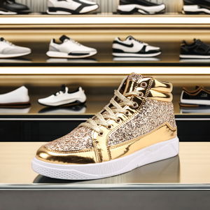 Baskets montantes rétro pour hommes, grande taille 48, en cuir doré brillant de qualité, chaussures de course tendance, antidérapantes pour le printemps - Product Image 2