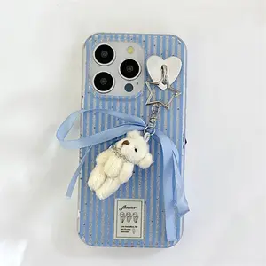 Yellow and blue striped teddy bear pendant for Apple 15 ProMax double-layer iPhone 14 full package anti drop phone case