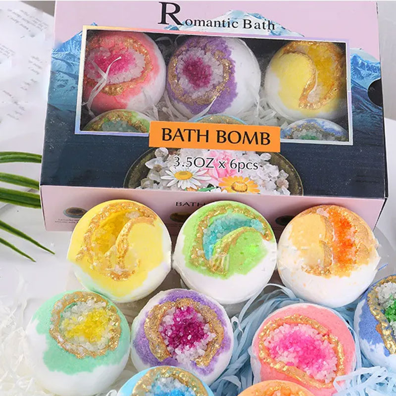 Vegan Fizzies renkli deniz tuzu kabarcık el yapımı basın toptan banyo bombaları hediye Geode kristal ile Set