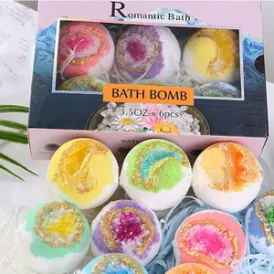 Vegan Fizzies Colorful Sea Salt bubble Handmade Press Wholesale Bath bombs Gift Set With Geode Crystal