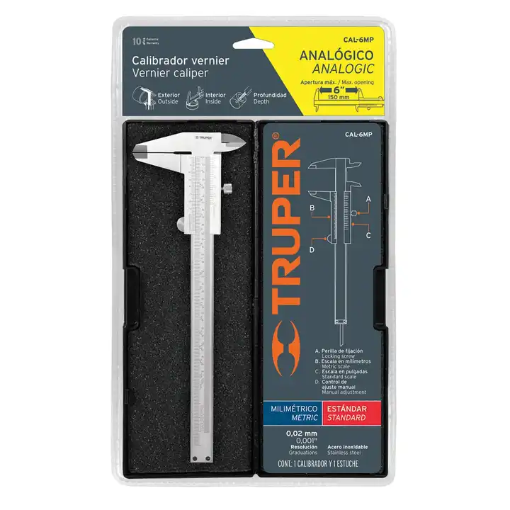 Box with 2 units Analog vernier caliper 6', stainless steel, std and mm, Truper