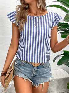 Bán Buôn Mùa Hè Thời Trang Cao Giản Dị Dễ Thương Sọc In Tank Tops Thanh Lịch Rung Tay Áo Backless Nút Chia Áo - Product Image 4