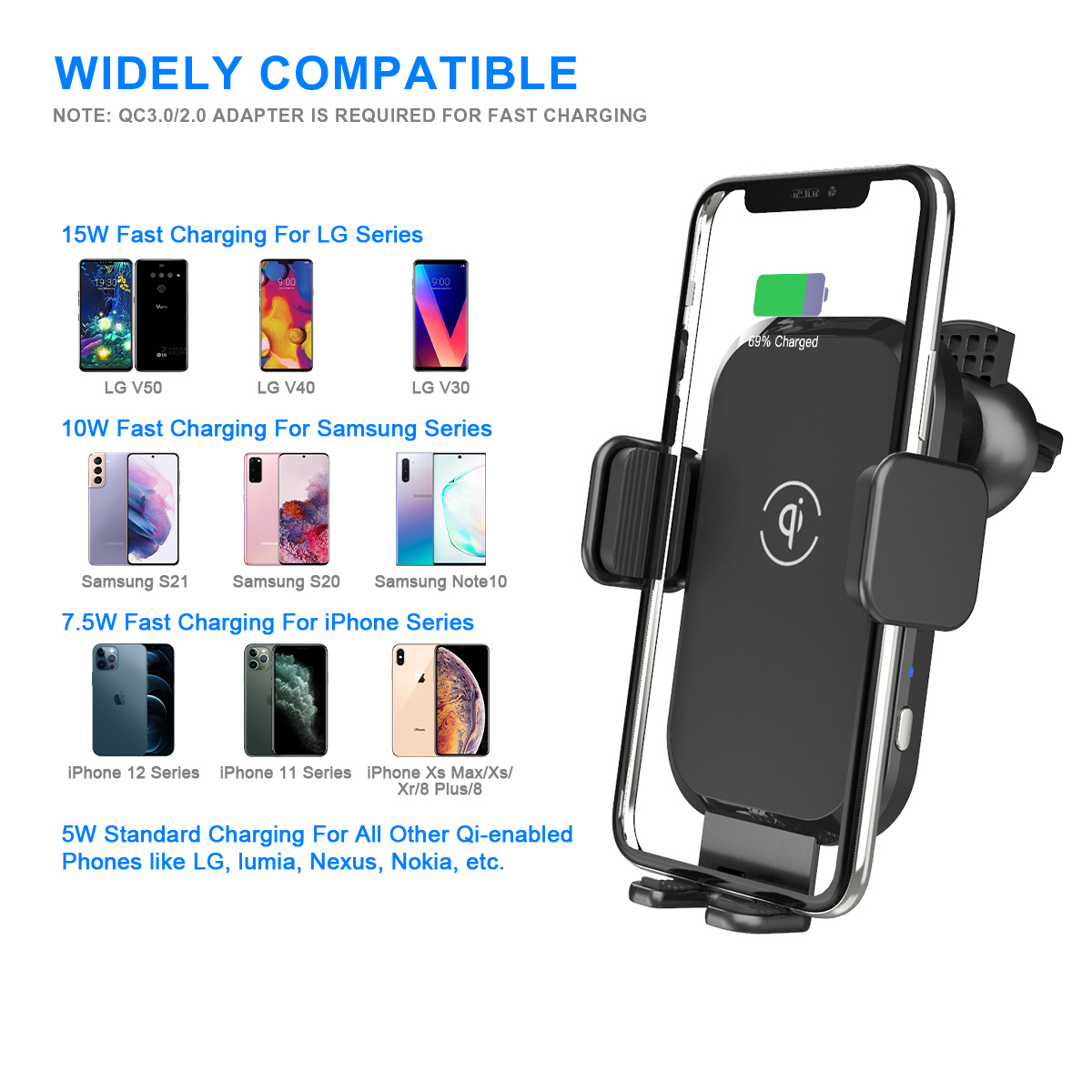 15W Wireless Car Phone Charger & Holder – Smart Sensor Fast Charging Mount - View 3