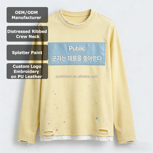 Camiseta de Manga Larga Casual Holgada para Hombre, Personalizada, 300gsm, 100% Algodón, con Parche de Cuero Bordado y Pintado a Mano, Estilo Desgastado - Product Image 1