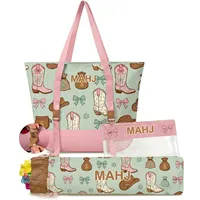 Ensemble de trois pièces Mahjong style western en denim floral, sacs de rangement pliables et écologiques de grande capacité pour maquillage et articles de toilette