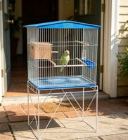 Ensemble complet de cage à oiseaux avec support métallique, nid de reproduction, plusieurs perchoirs en bois, mangeoires pour oiseaux domestiques
