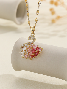 Collar con Colgante de Cisne Rosa Púrpura con Circonitas y Baño de Oro, Elegante y Brillante, Cadena para Clavícula, Joyería de Moda para Mujer - Product Image 2