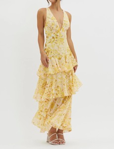 <span class=keywords><strong>Abito</strong></span> Lungo Estivo da Donna in Chiffon Floreale Giallo con <span class=keywords><strong>Spalline</strong></span> <span class=keywords><strong>Incrociate</strong></span>, Schiena Scoperta e Balze a Strati per Feste - Product Image 3