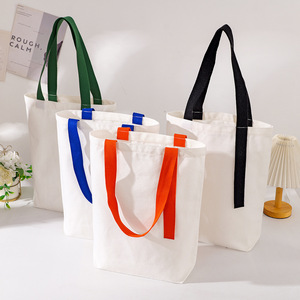 Blank Cotton Canvas Tote Bags With Colorful Handles For Shopping Casual Use - Product Image 3