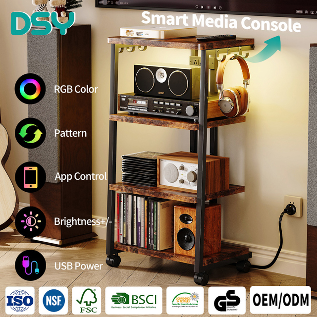 Smart Media Console APP-Controlled RGB Lights Wooden TV Stand Gaming Storage PS5/Xbox/Stereo DVD Organizer