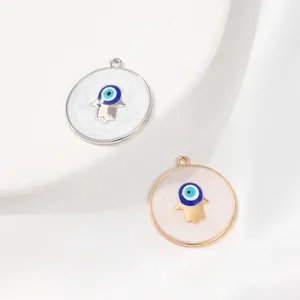 Unique Gold Tone Round Evils Eye Fatima Hand Charms Pendant Luxury Enamel Eyes Hand Charms Pendant For DIY Jewelry