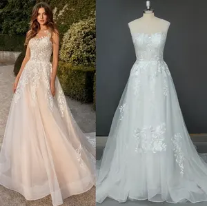 9331#2021 Elegant O-Neck Sleeveless Corset Back Champagne Lace A-Line Sweep Train Wedding Dress Bride Dress
