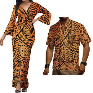 Neueste Design elegante Familie passende Outfits polynesische Stammes-Design sexy Abendkleid und Aloha Shirts Puletasi Paar Set