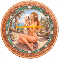 Médaille en cuivre pur 999 colorée de 1 Troy oz, motif artistique en relief de Jeune fille et Chien, objet de collection pour les amateurs