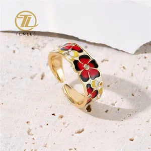 Anéis de joias com inposição de esmalte, flor redondo banhado a ouro