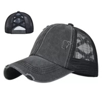 Gorra de béisbol unisex vintage de mezclilla desgastada con malla cruzada en la parte trasera y cola de caballo, estilo camionero, deportiva y ajustable.