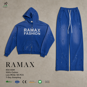 ชุดฮู้ดดี้โอเวอร์ไซส์ผู้ชาย RAMAX ผ้าฝ้าย 500 GSM แบบซิป ชุดลำลองสไตล์สตรีทแวร์ สำหรับฤดูใบไม้ร่วง ดีไซน์กระเป๋า พร้อมลายพิมพ์ฟล็อก - Product Image 1