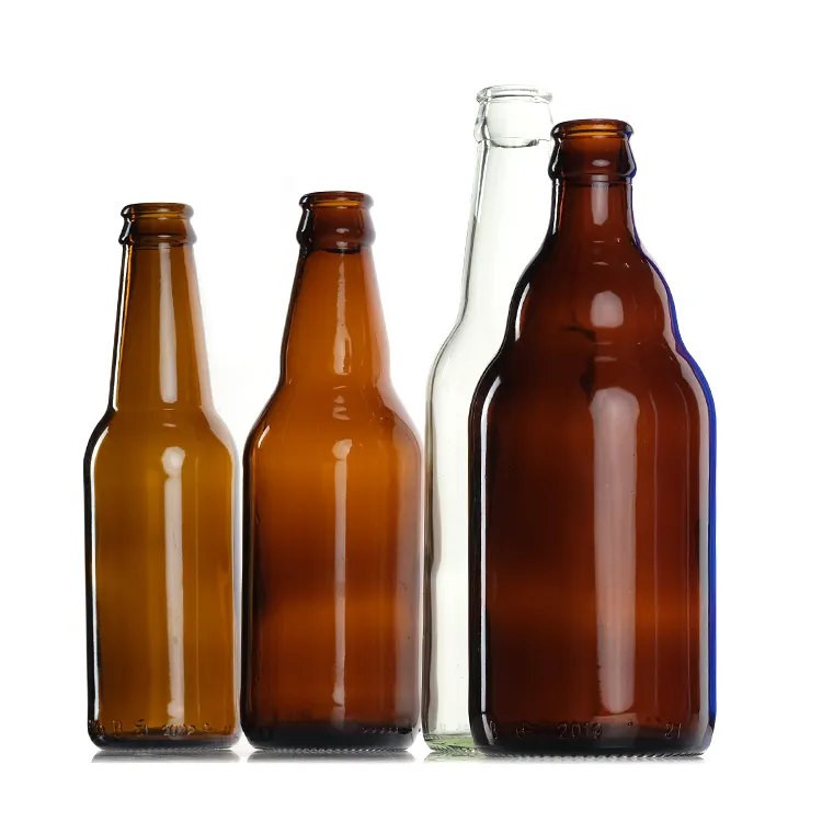 Venda quente de garrafas de cerveja e refrigerante de vinho âmbar transparente de diferentes capacidades com tampa de alumínio