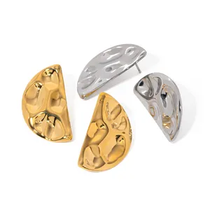 J&D Semicircular Shaped Malleolar Groove Concave-Convex Earring 18K PVD Gold Silver Plated Stainless Steel Textured Women