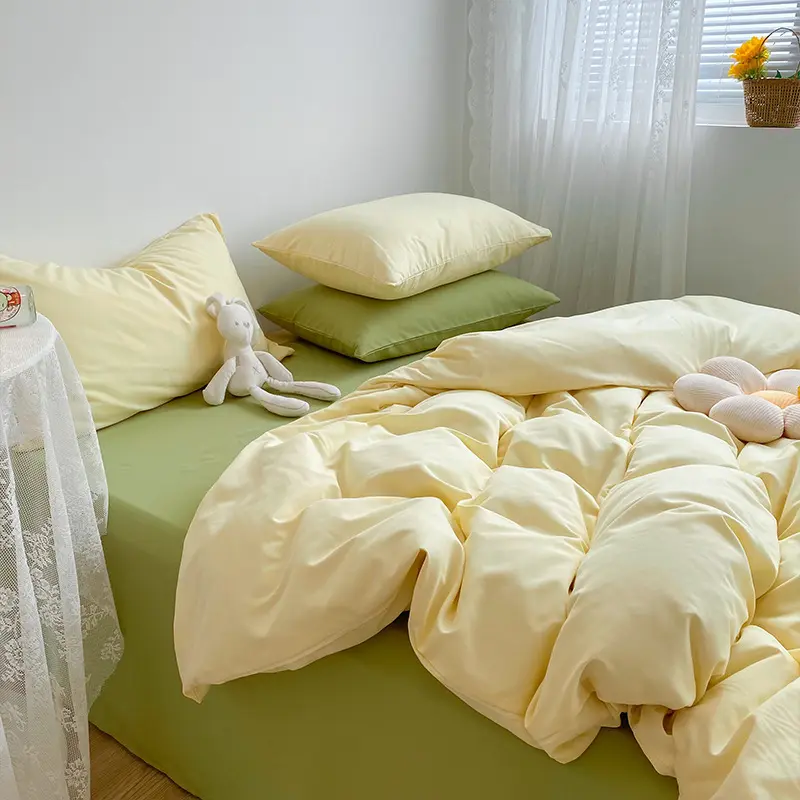 Single Dorm Korean Style Little Girl Quilted Plain Bed Sheets Sanding Solid Color Bedding Set