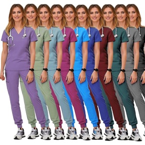 Women's V Neck Short Sleeve Scrub Set Polyester Hospital Uniforms For Nurses Split Design With Pockets In Pink And Green - Product Image 5