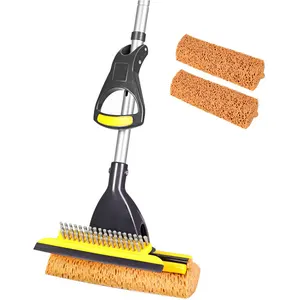 Sponge Mop with 2 Mop Heads Home Commercial Use Tile Floor Mops Bathroom Garage Cleaning with Squeegee and Extendable Telescopic