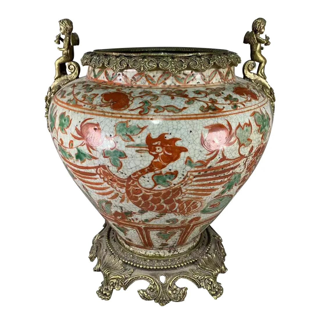 Antiguo lujo Vintage latón flor y pájaro bronce chino porcelana ornamental maceta jarrón hogar decoraciones cerámica jarrones