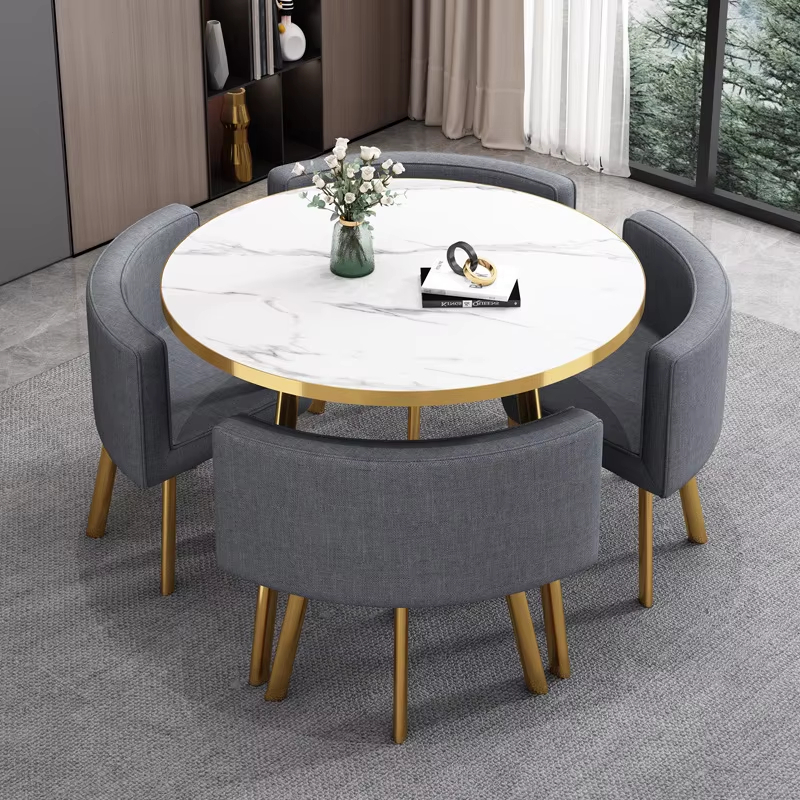 Stone-like pattern table+4 dark gray fabric chairs