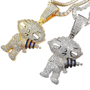 Collana con Ciondolo Cartoon Family Guy Stewie <span class=keywords><strong>Griffin</strong></span>, Placcata in Oro Bianco 18K, Gioiello Hip Hop con Diamanti e Nome Personalizzato - Product Image 1