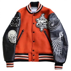Men's Orange PU Leather Varsity <b>Jacket</b> <b>Punk</b> Style Skull Patch Embroidery Turn-down Collar Regular Fit Autumn Wear Custom LOGO - Product Image 1