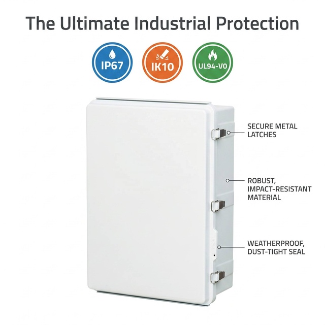 IP67 Waterproof IK10 Impact Resistant PC ABS Industrial Enclosure UL94-V0 Flame Retardant 960C NEMA 4X Electrical Junction Box